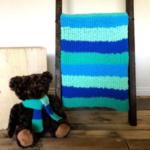 Hand Knit Baby Blanket & Bear w Matching Scarf